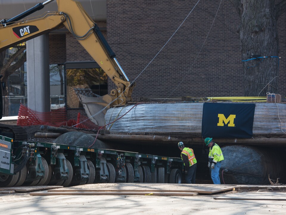 The massive rubber tubes — one can be seen behind the worker at right — hold the tree up as the transporter slips underneath.