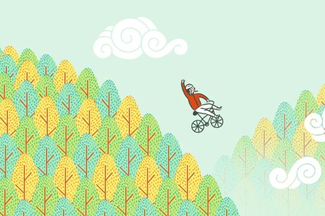 An illustration of a person flying through the air and over treetops while riding a bike. One arm is raised in celebration. 
