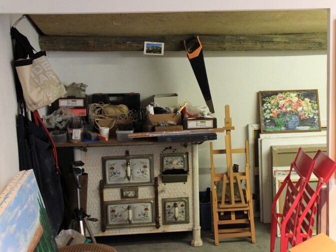 The storage room in Frank Romero's atelier in the South of France. The stove dates to the 1880s. 
