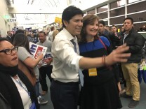 State Senate leader Kevin de Leõn poses with supporters moments after delegates finished voting for their endorsement picks at the California Democrats' state convention in San Diego. 