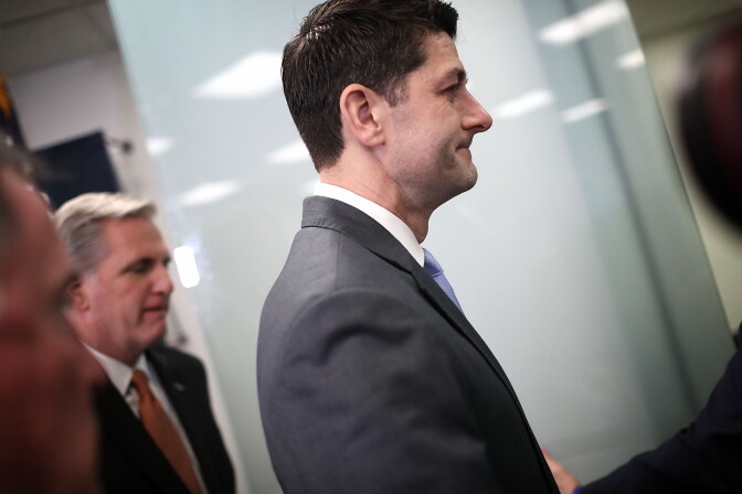 WASHINGTON, DC - FEBRUARY 06:  U.S. Speaker of the House Paul Ryan (R-WI) departs after answering questions following a meeting of the House Republican caucus at the U.S. Capitol on February 6, 2018 in Washington, DC. Ryan fielded a range of questions including those on continued funding for the federal government and a recent memo released by the House Intelligence Committee.  (Photo by Win McNamee/Getty Images)