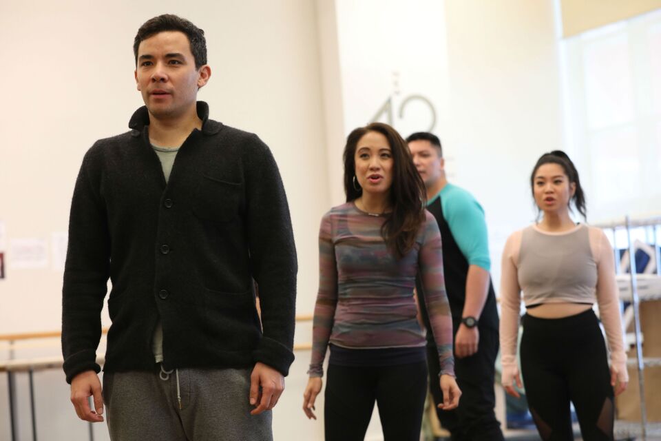 Cast members (left to right) Conrad Ricamora, Jaygee Macapugay, Jon Hoche and Geena Quintos rehearse for the world premiere of David Henry Hwang and Jeanine Tesori’s "Soft Power" at Center Theatre Group/Ahmanson Theatre.