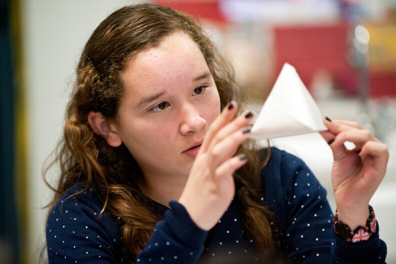 Aryel Maldonado counts the edges on a polyhedron during a math class. The school is part of the Baldwin Park school district.