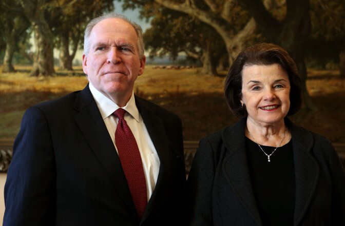 CIA director John Brennan, then the President's nominee for the position, meets with U.S. Senate Select Committee on Intelligence Chairman Dianne Feinstein (D-CA) at Feinstein's office at Hart Senate Office Building January 31, 2013 on Capitol Hill in Washington, DC.