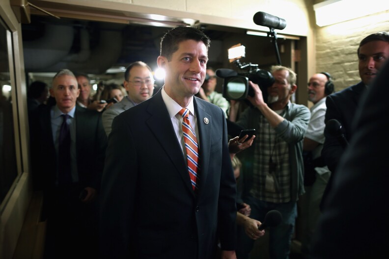 WASHINGTON, DC - OCTOBER 09:  House Ways and Means Committee Chairman Paul Ryan (R-WI) heads for House Republican caucus meeting in the basement of the U.S. Capitol October 9, 2015 in Washington, DC. Many GOP members of the House are asking Ryan to be a candidate to succeed Speaker of the House John Boehner (R-OH) whose plans to retire at the end of October have been thrown into question after Majority Leader Kevin McCarthy (R-CA) announced Thursday he was pulling out of the race for Speaker.  (Photo by Chip Somodevilla/Getty Images)