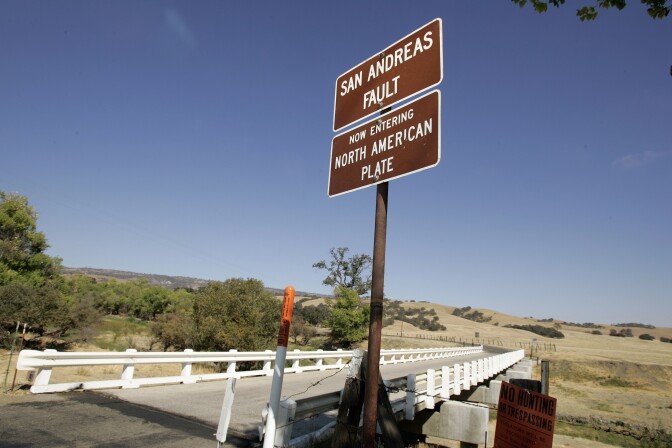 PARKFIELD, CA - SEPTEMBER 30:  The Parkfield Coalinga bridge crosses over the San Andreas fault on the Parkfield Coalinga Road on September 30, 2004 Parkfield, California.  The tiny central California town with a population of 19 which claims to be known as "The earthquake capital of the world"  was hit with a 6.0 earthquake on Tuesday September 28, 2004.   (Photo by David Paul Morris/Getty Images)