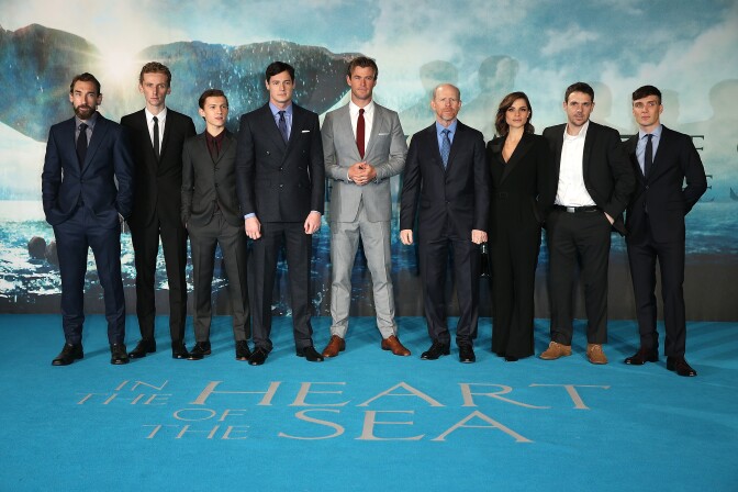 LONDON, ENGLAND - DECEMBER 02:  Joseph Mawle, Edward Ashley, Tom Holland, Ben Walker, Chris Hemsworth, Ron Howard, Charlotte Riley, James Sives and Cillian Murphy attend the Red Carpet Arrivals for the European Film Premiere of "In The Heart Of The Sea">> at Empire Leicester Square on December 2, 2015 in London, England.  (Photo by Fred Duval/Getty Images)