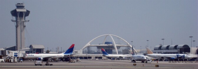Planes taxiing on the tarmac at the Los Angeles International Airport