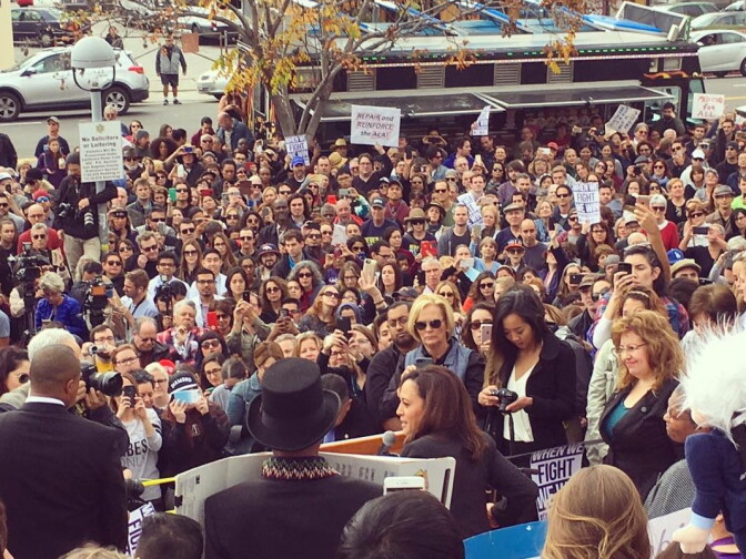 California Senator Kamala Harris speaks to a crowd in front of the Los Angeles County/USC Medical Center in opposition to the repeal of the Affordable Care Act.