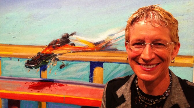 Victoria Price, Vincent's daughter, at Carlos Almaraz: A Life Recalled, at ELAC's Vincent Price Art Museum