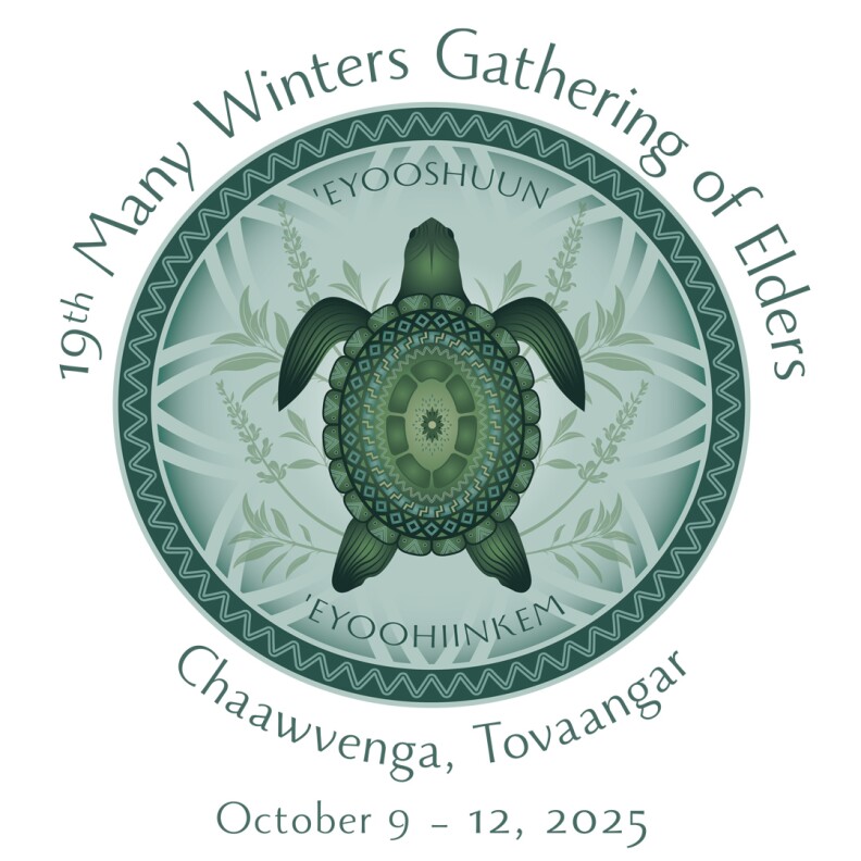 A digital poster for the 2025 Many Winters Gathering of Elders event. It features an illustration of a turtle.
