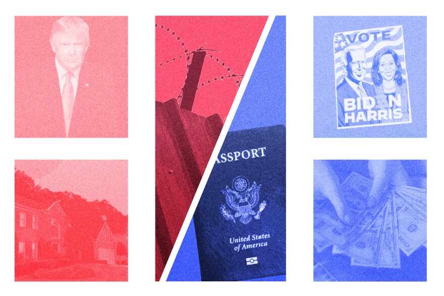 This is a red white and blue photo illustration. On the left are two red boxes. The top left features Donald Trump, and the bottom left is a picture of a house. In the middle is a rectangle split into red and blue triangles. The red triangle features barbed wire, and the blue triangle features a US passport. On the right are two blue boxes. The top right features a Biden / Harris campaign poster, and the bottom right features a photo of an American money spread. This is a red white and blue photo illustration. On the left are two red boxes. The top left features Donald Trump, and the bottom left is a picture of a house. In the middle is a rectangle split into red and blue triangles. The red triangle features barbed wire, and the blue triangle features a US passport. On the right are two blue boxes. The top right features a Biden / Harris campaign poster, and the bottom right features a photo of an American money spread.
