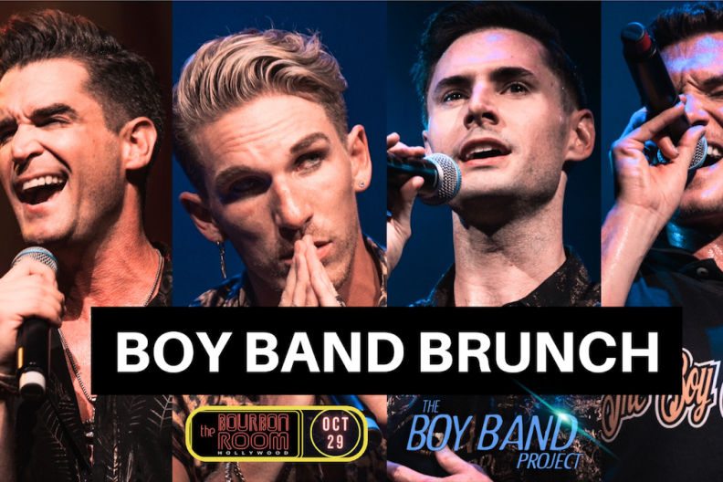 Four men of the Boy Band Project are collaged together in this graphic for Boy Band Brunch.