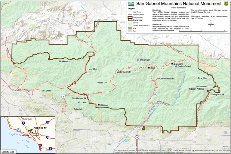 A map shows the new San Gabriel mountains national monument. 