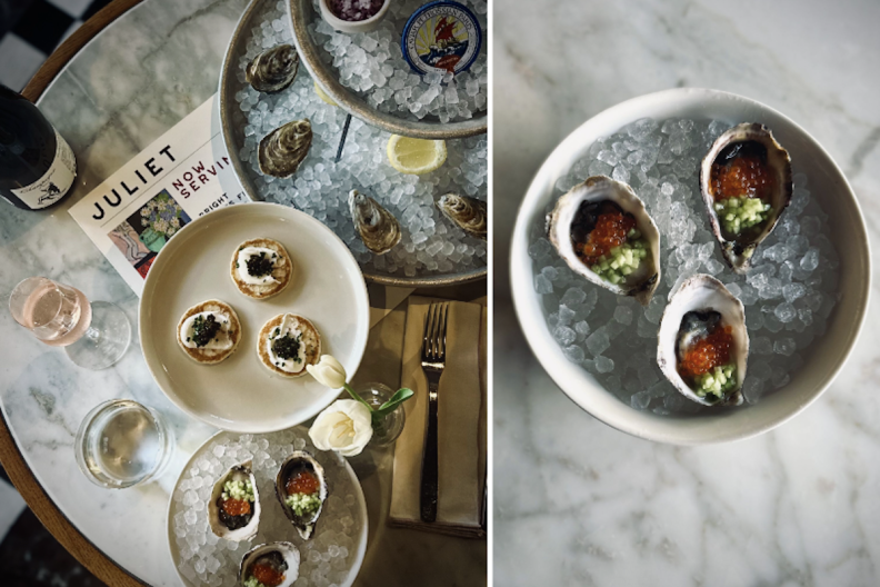 A collage of a oysters and caviar blinis shot from above.