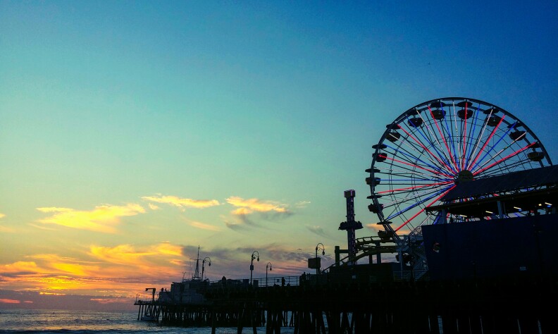 The Santa Monica Pier at dusk.