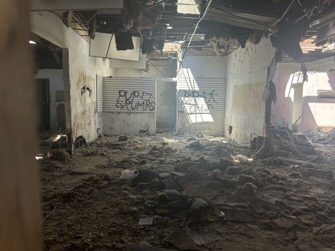 A grey room covered in debris, asbestos, graffiti and exposed wiring. 