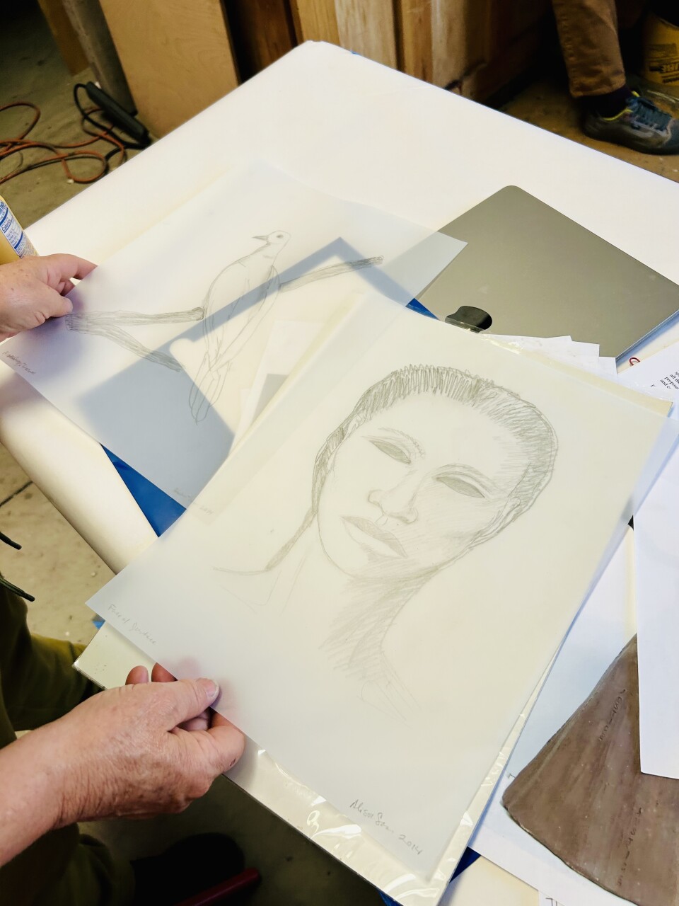 Drawing in pencil of a human face and a bird.