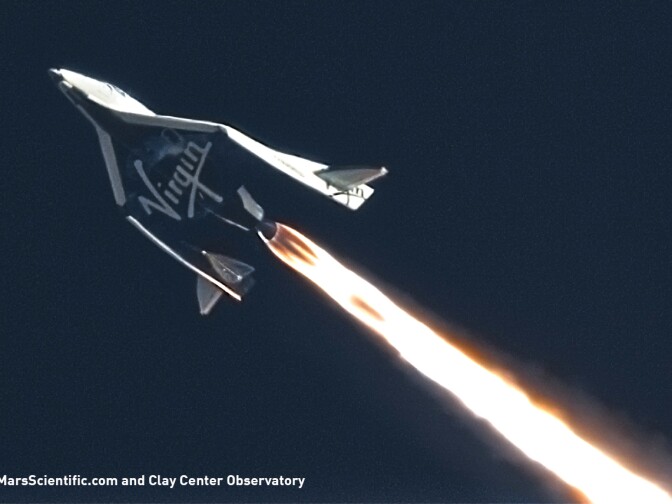 Feathered Flight during SpaceShipTwo's third powered flight on 10 January 2014 over the Mojave desert. .This image was taken by MARS Scientific as part of the Mobile Aerospace Reconnaissance System optical tracking system..More infomation on MARS Scientific and the Mobile Aerospace Reconnaissance System can be found at: www.MarsScientific.com