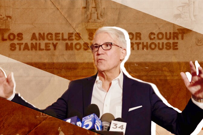 An Illustration of George Gascon in front of the Stanley Mosk Courthouse.