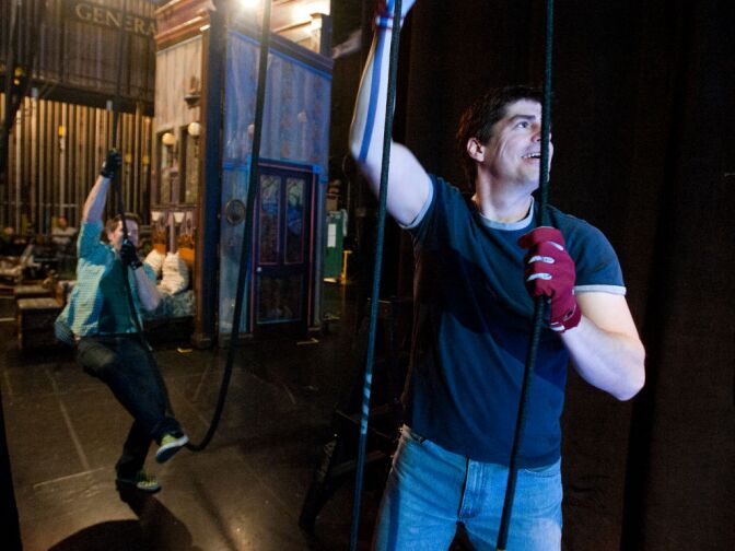 Lifting and swinging Rigby is a two-person effort, with Little controlling her height and Rubin controlling her direction.