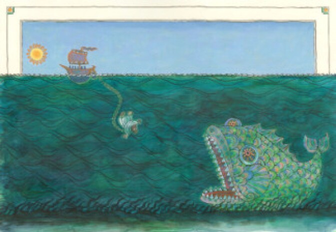 Illustration for “‘I will run away,’ thought Jonah, ‘to where God cannot find me,’” by Mordicai Gerstein, from Mordicai Gerstein, Jonah and the Two Great Fish (Simon & Schuster Books for Young Readers, 1997). Courtesy of The Richard Michelson Galleries