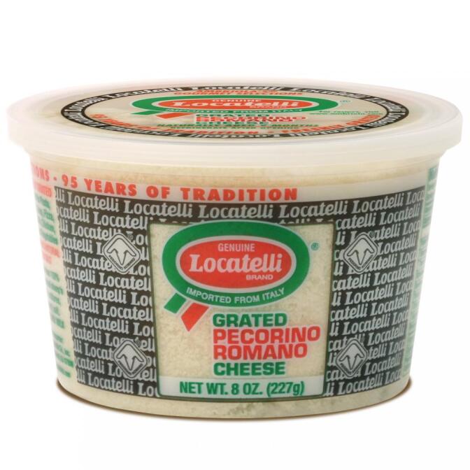 A small tub of Locatelli cheese with text that reads "Grated pecorino Romano cheese."