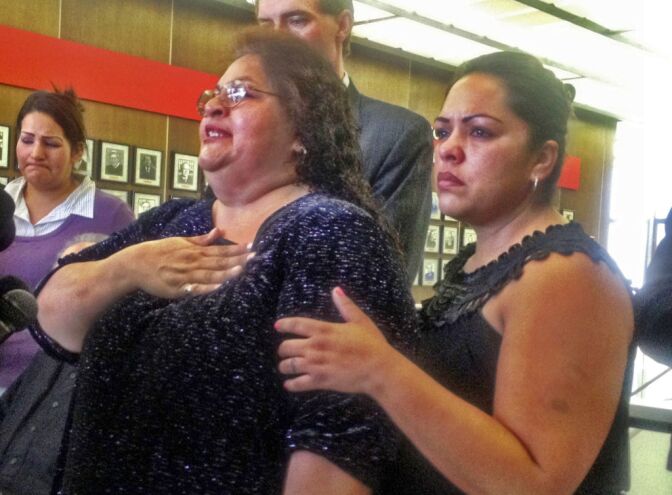 Genevieve Huizar, the mother of Manuel Diaz, at a news conference at the Orange County Superior Court in 2012. An Anaheim police officer was cleared by the Orange County DA in the fatal shooting of Diaz in 2013. In a civil lawsuit, a jury Thursday found the officer did not use excessive force in the shooting of Diaz, who was unarmed. 