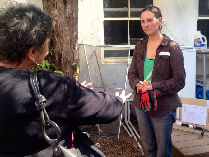 Greywater Action's Laura Allen shows interested property owners how to recycle water at home without a permit or an inspection. 