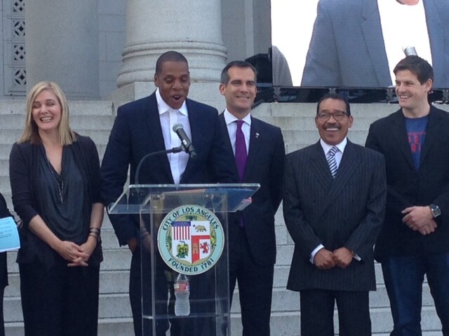 Rapper Jay-Z announces the Made in America festival on the steps of Los Angeles City Hall. 