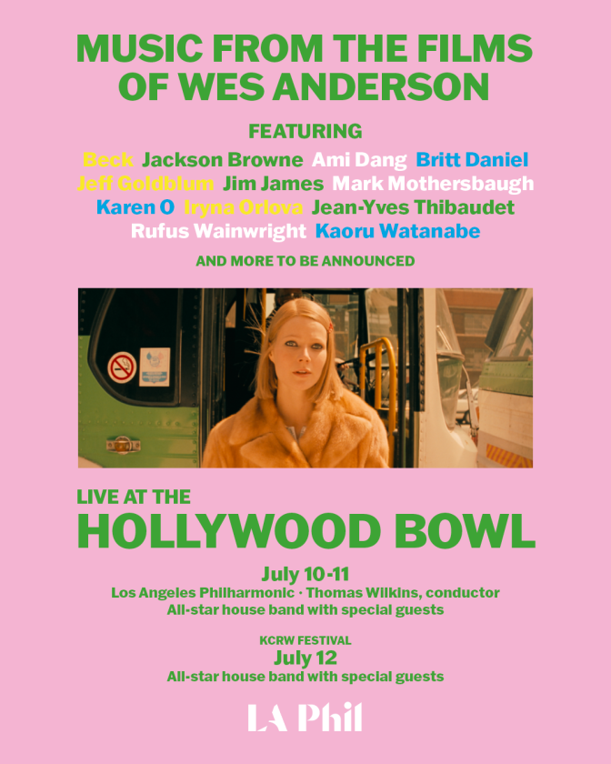 Um pôster rosa com uma mulher loira com um casaco de pele no meio. O texto do título diz, "Música dos filmes de Wes Anderson."