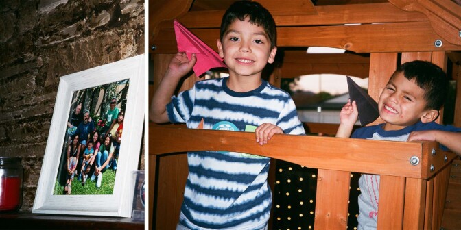 From left: A photo of Richard's family sits on a mantle, and then Richard's two kids play with paper airplanes.