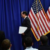 Labor Secretary Alexander Acostaleaves after a press conference at the US Department of Labor on July 10, 2019 in Washington,DC. - Democratic Party leaders called on July 9, 2019 for the resignation of President Donald Trump's secretary of labor over a secret plea deal he made a decade ago with a wealthy hedge fund manager accused of sexually abusing young girls. Labor Secretary Alexander Acosta, 50, was serving as a federal prosecutor in Florida when his office entered into the controversial plea agreement with financier Jeffrey Epstein. (Photo by Brendan Smialowski / AFP)        (Photo credit should read BRENDAN SMIALOWSKI/AFP/Getty Images)