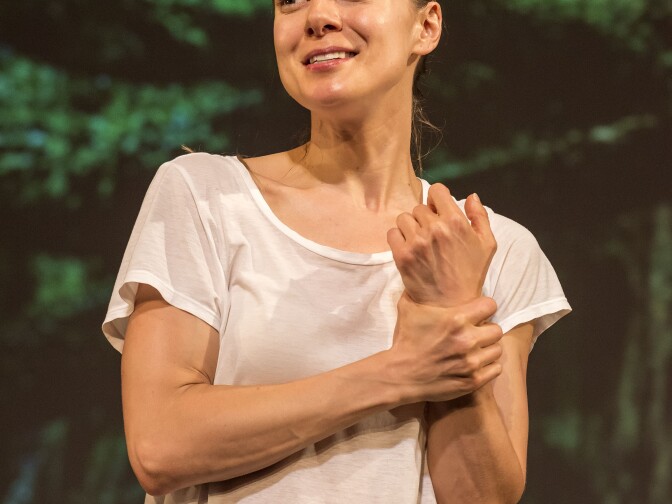 Playwright/performer Lucy Alibar in “Throw Me on the Burnpile and Light Me Up” at Center Theatre Group’s Kirk Douglas Theatre. 