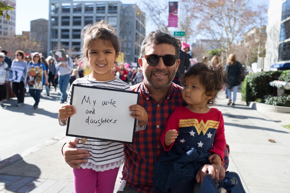 Neel Ketkar, 38, Santa Monica. I chose my wife and daughters because my daughters provide me with a sense of hope for the future, and my wife because she is my rock who guides and leads them every day. January 20, 2018 at Downtown Los Angeles, California. (James Bernal for KPCC)