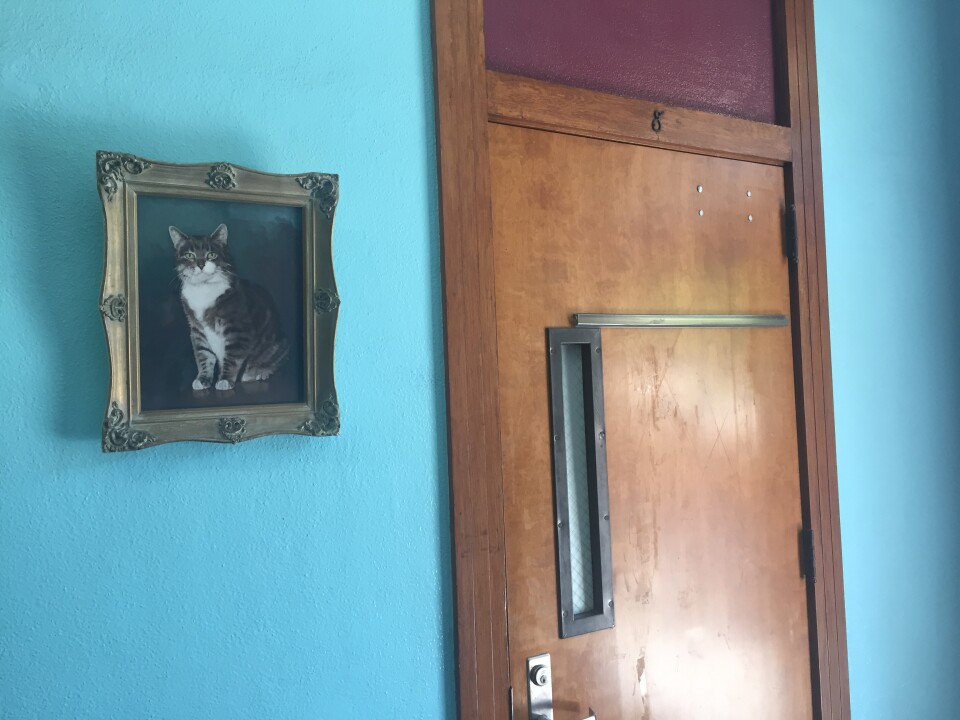 A portrait of Room 8, outside of Room 8.