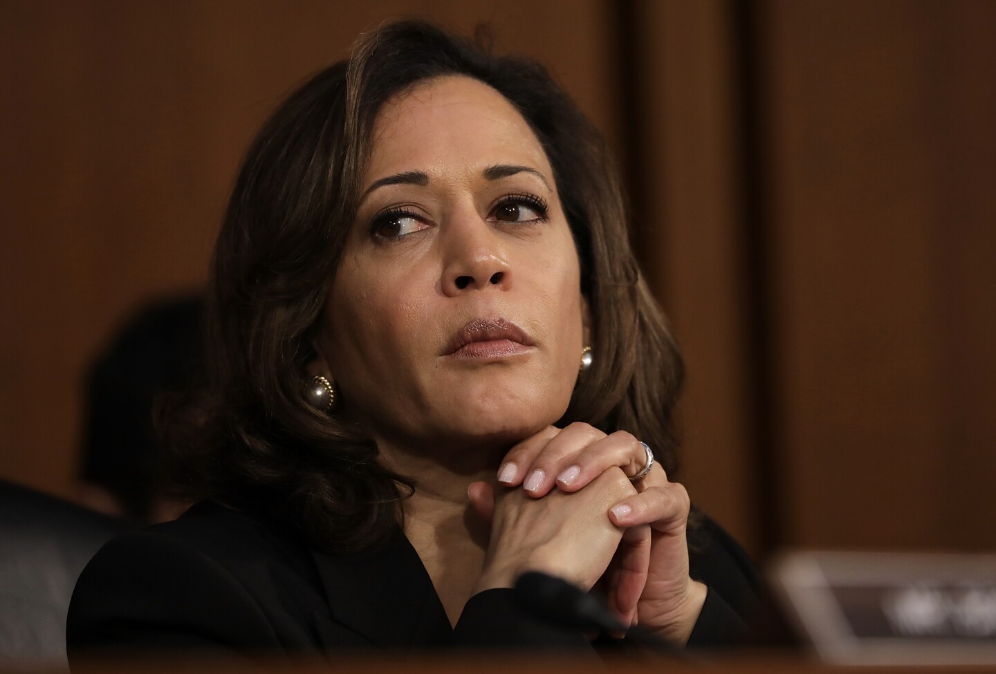WASHINGTON, DC - SEPTEMBER 04:   U.S. Sen. Kamala Harris (D-CA) delivers listens as Supreme Court nominee Judge Brett Kavanaugh appears for his confirmation hearing before the Senate Judiciary Committee in the Hart Senate Office Building on Capitol Hill September 4, 2018 in Washington, DC. Kavanaugh was nominated by President Donald Trump to fill the vacancy on the court left by retiring Associate Justice Anthony Kennedy.  (Photo by Drew Angerer/Getty Images)