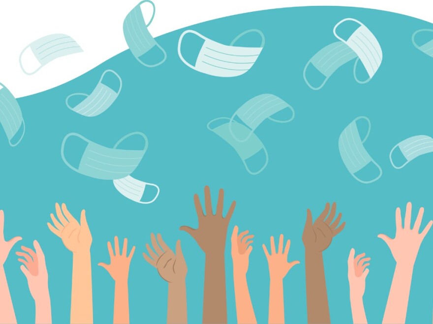 Hands in a range of skin tones throw masks in the air.