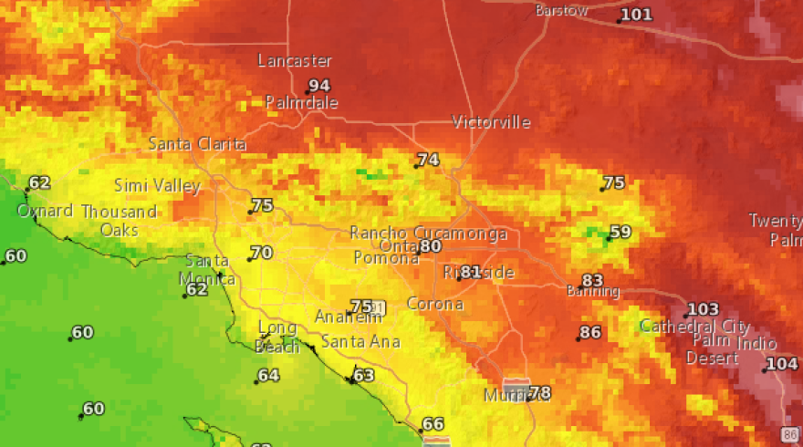 A geothermal map of SoCal in shades of orange, yellow and red with white numbers over different cities.