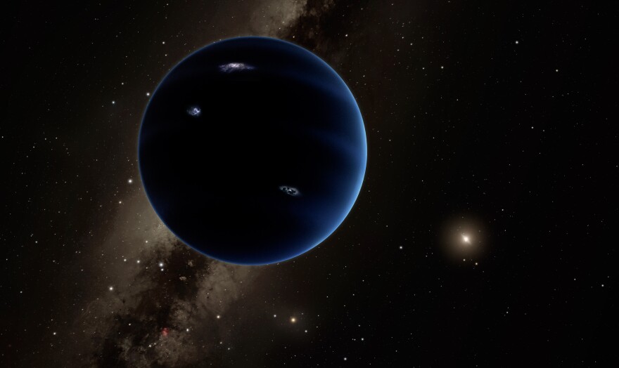 An artist's depiction of Planet Nine. The planet is thought to be gaseous, similar to Uranus and Neptune. Hypothetical lightning lights up the night side.
