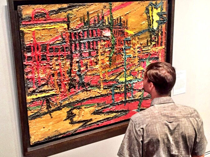 "Mornington Crescent with the Statue of Sickert’s Father-in-Law," 1966, by Frank Auerbach at the Getty Museum's new London Calling exhibit, but ...