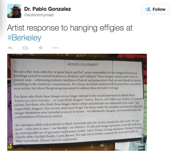 Dr. Pablo Gonzalez, a professor of Chicana and Chicano Studies at UC Berkeley posted this image on his Twitter account. He said the image was passed along to him by a student who saw the artist statement posted on a bulletin board on campus.