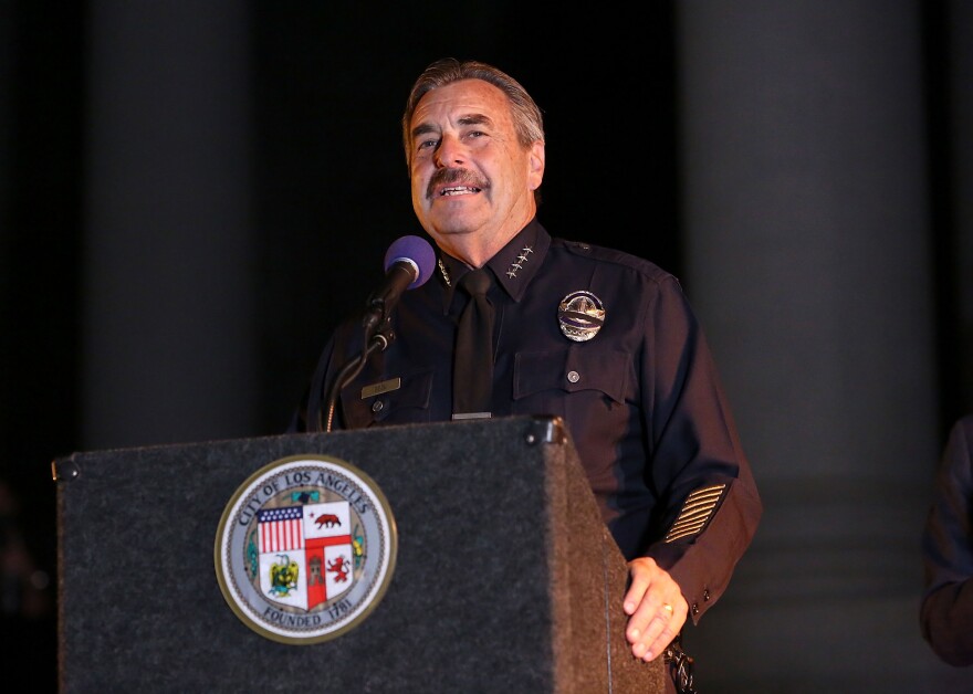 LOS ANGELES, CA - JUNE 15:  Los Angeles Police Department Chief, Charlie Beck attends The City of Los Angeles and DC Entertainment Bat-Signal Lighting Ceremony honoring Adam West at Los Angeles City Hall on June 15, 2017 in Los Angeles, California.  (Photo by Jesse Grant/Getty Images for DC Entertainment)