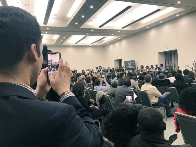 Delegates to the California Democratic Party convention in San Diego listen to U.S. Rep. Maxine Waters.