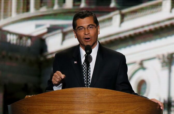 File: Democratic U.S. Rep. Xavier Becerra speaks on stage during the final day of the Democratic National Convention at Time Warner Cable Arena on September 6, 2012 in Charlotte, North Carolina. 