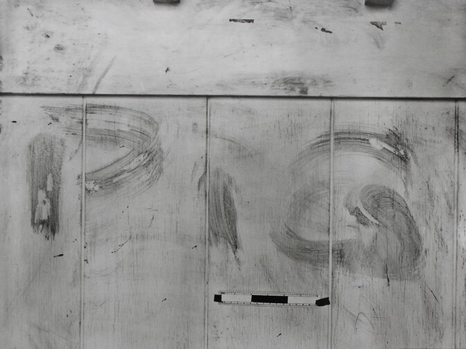 "Blood writing." Polanski-Tate residence. "Pig" smeared in victims' blood by hand on front door of residence. An extensive investigation found that on the night of August 8, 1969, five members of the Manson Family plotted to murder all persons at the home of Sharon Tate Polanski. Members of the group armed themselves, drove to Cielo Drive and killed the actress and four guests. All suspects were convicted of murder. 