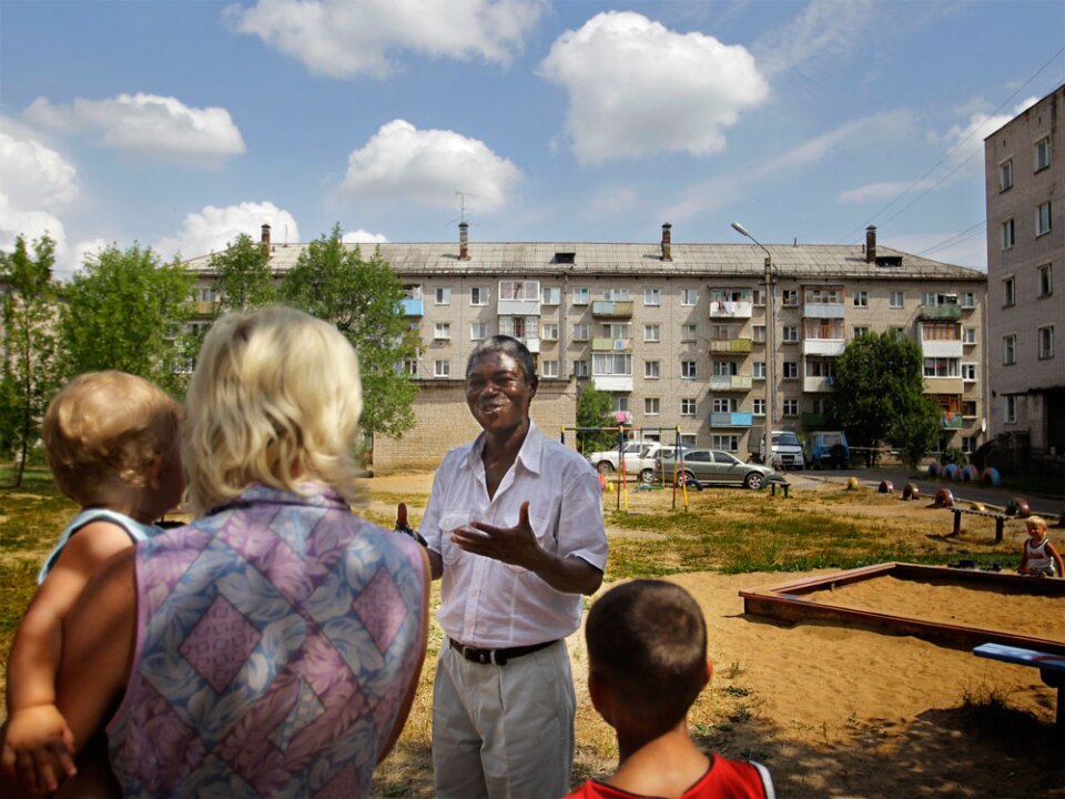 Sagbo speaks to constituents in Novozavidovo. Residents say Sagbo is the only councilman that ever visited the district after  election.