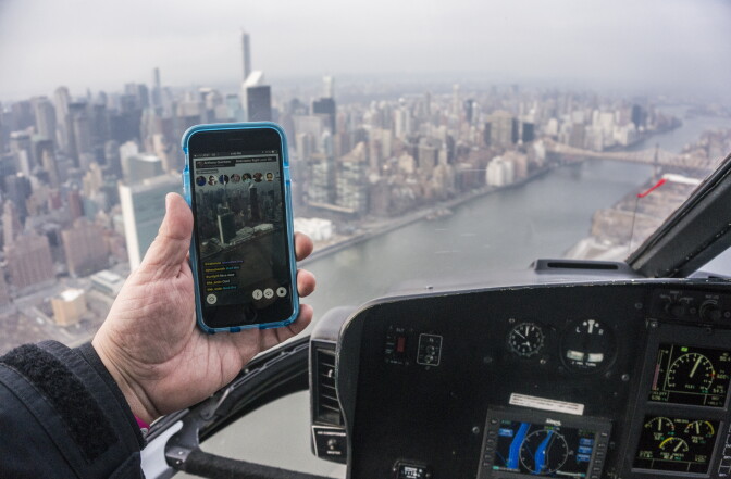 A live video stream using the Meerkat App stream from a helicopter, over New York City.