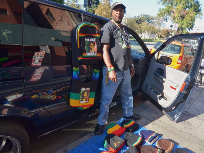 Kenneth Simpson sets up on Alvarado Street everyday to sell his Bob Marley and Rasta merchandise.