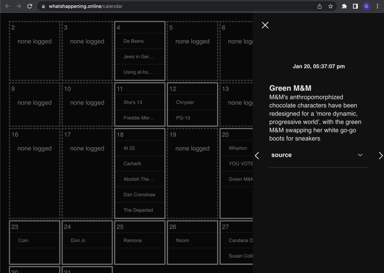 A black grid with white text shows various trending topics, with information available about each. An entry about "Green M&M" is expanded, with text reading, "M&M's anthropomorphized chocolate characters have been redesigned for a 'more dynamic, progressive world', with the green M&M swapping her white go-go- boots for sneakers."